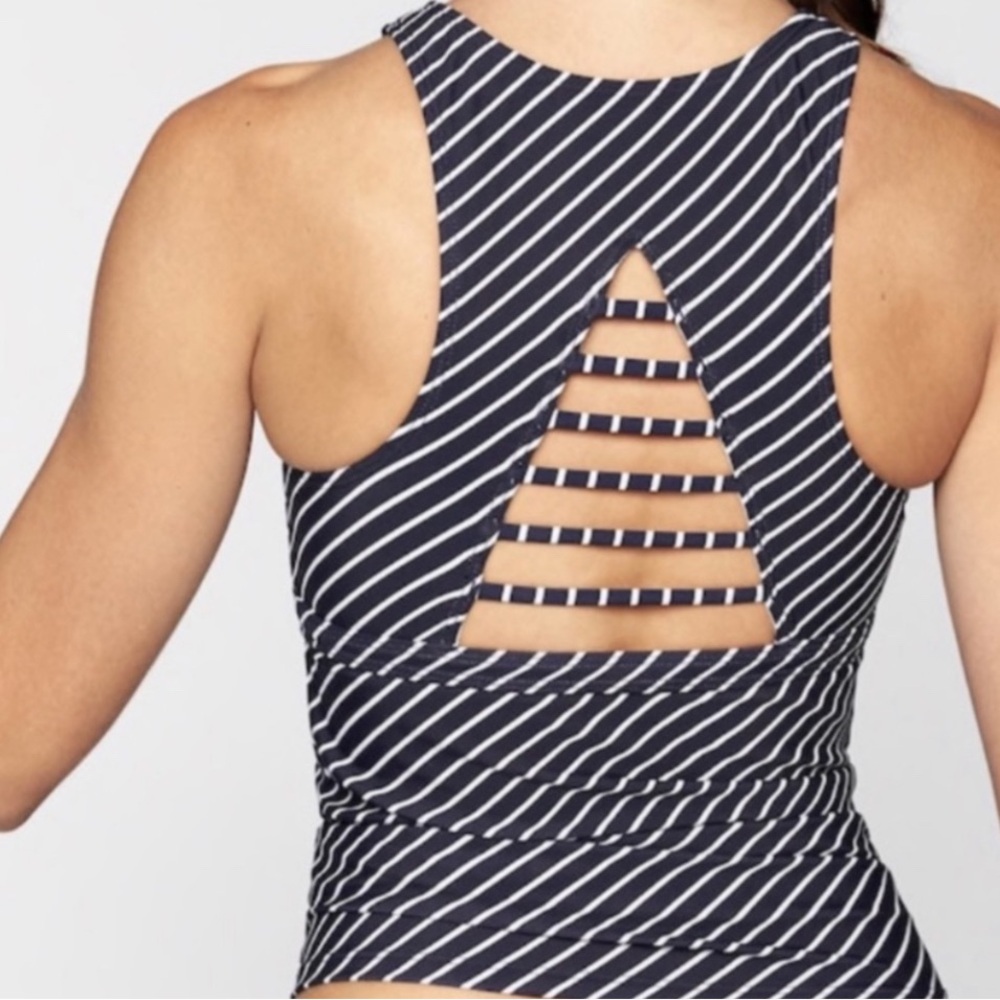 Athleta Off Shore tankini swim top swimming beach vacation cruise S navy white